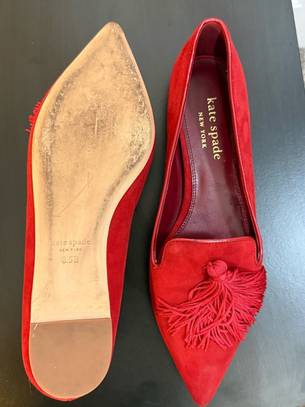 Kate Spade Adore Red Kid Suede Tassel Pointed Toe Flats Women’s Size 8.5B - Picture 9 of 9